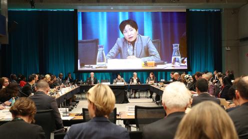Participants listen to Naoko Ishii, GEF CEO and Chairperson, during the 57th GEF Council Meeting.