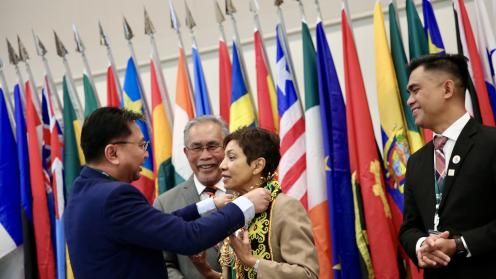 A representative presents a traditional necklace to Sheam Satkuru, ITTO Executive Director, as a gesture of appreciation and cultural honor, during the ITTC60 session, with colorful national flags in the background.