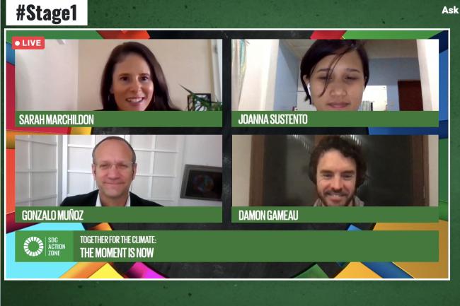 Session panel (clockwise from top left): Moderator Sarah Marchildon; Joanna Sustento, Greenpeace; Damon Gameau, Director, Writer, Producer and Presenter; and Gonzalo Muñoz, High-Level Climate Champion for COP 25