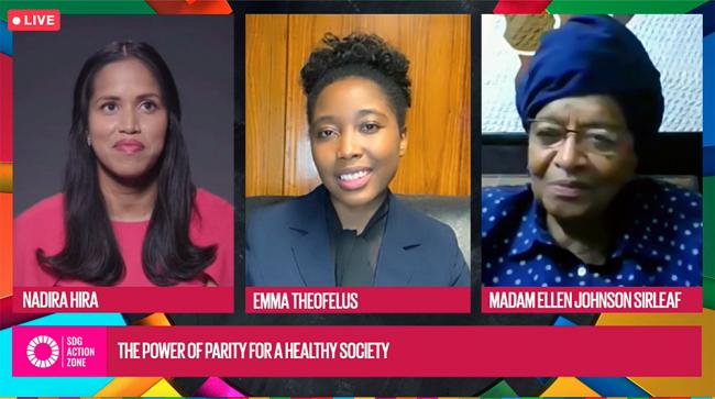 Session panel (L-R) Moderator Nadira Hira, Master of Ceremony; Emma Theofelus, Deputy Information and Communication Technology Minister, Namibia; and Ellen Johnson Sirleaf, Former President of Liberia