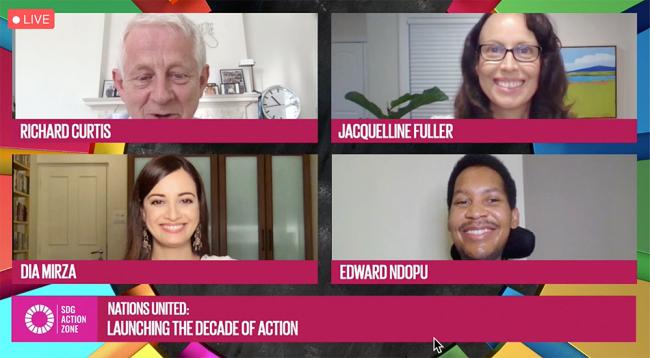 Plenary panel (clockwise from top left): Richard Curtis, Writer and Director; Jacquelline Fuller, Vice-President, Google and President, Google.org; Edward Ndopu, SDG Advocate; and Dia Mirza, UN Environment Programme Goodwill Ambassador