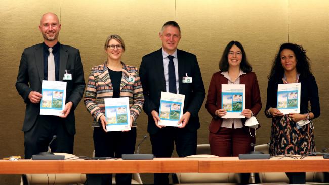 From L-R: Steffen Hansen, Global Environment Facility; Isabella Pagotto, Switzerland; Niels Vlaanderen, Netherlands; Sonja Koeppel, Secretary of the Water Convention; and Diane Guerrier, UNECE Secretariat