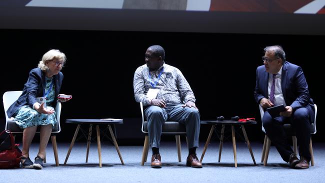 From L-R: Julia Marton-Lefèvre, Alliance of Bioversity International and CIAT; Tom Lalampaa, Northern Rangelands Trust, Kenya; and Alex Dehgan, CEO, Conservation X Labs, Inc.