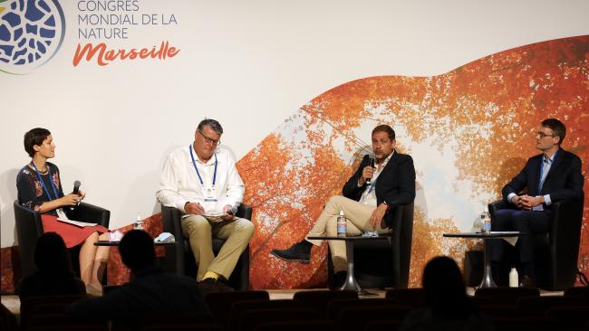 From L-R: Moderator Dorothée Herr, IUCN; Chris Buss, IUCN; Vincent Gradt, CEO, Mirova; and Jurgis Sapijanskas, GEF