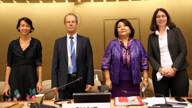 From L-R: Francesca Bernardini, UNECE; Chair Harry Liiv, Estonia; Chair Zhanar Aitzhanova, Kazakhstan; and Sonja Koeppel, Secretary of the Water Convention