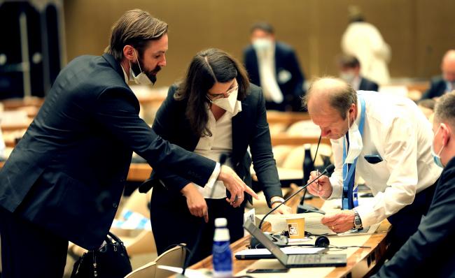 From L-R: Rémy Kinna, UNECE; Sonja Koeppel, Secretary of the Water Convention; and Chair Harry Liiv, Estonia