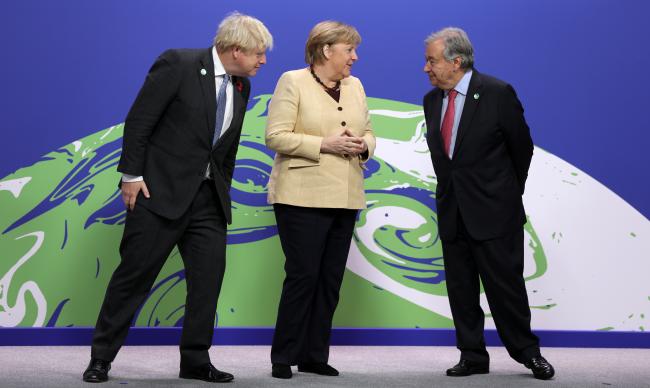 From L-R: Boris Johnson, Prime Minister of the UK; Angela Merkel, Federal Chancellor of Germany; and UNSG António Guterres