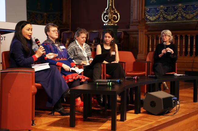 L-R: Gim Huay Neo, Director, Centre for Climate and Nature, World Economic Forum; Gunn-Britt Retter, Head of the Arctic and Environment Unit, Saami Council; Karin Buhmann, Head of the Centre for Law, Sustainability & Justice, University of Southern Denmark; Yousra Makanse, PhD Candidate, Wageningen University, Association of Polar Early Career Scientists (APECS); and Gail Whiteman, Professor of Sustainability, University of Exeter Business School