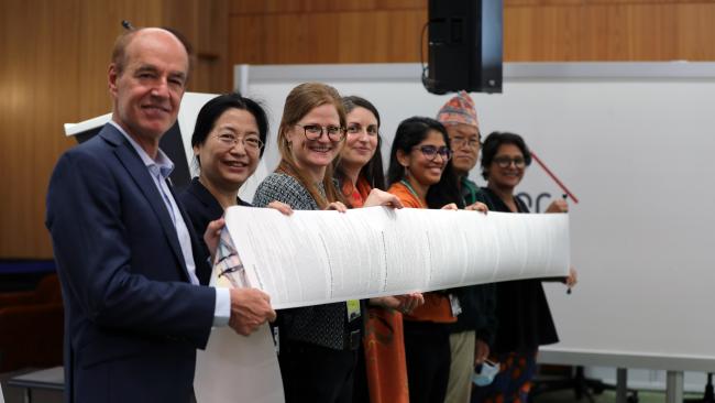 From L-R: Marco Lambertini, Director General, WWF International; Lin Li, Director of Global Policy and Advocacy, WWF International; Eva Zabey, Executive Director, Business For Nature; Alexandra Masako Goossens-Ishii, Soka Gakkai International; Sweta Stotra Bhashyam, Steering Committee Member, Global Youth Biodiversity Network; Kamal Rai, Indigenous Knowledge and Peoples Network Society for Wetland Biodiversity Conservation Nepal; and Jyoti Mathur-Filipp, Director of the Implementation and Support Division