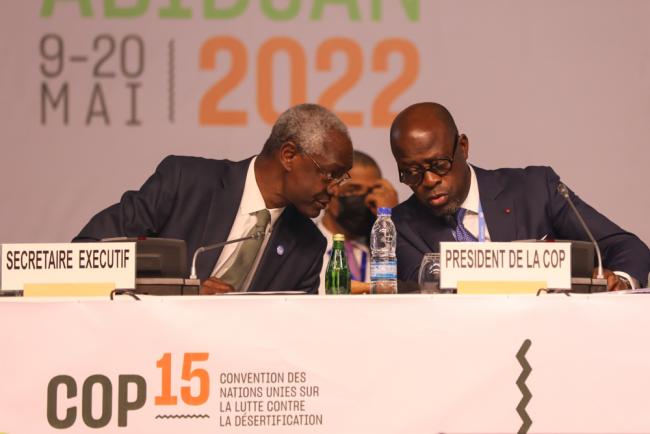 Ibrahim Thiaw, Executive Secretary, UNCCD, consults with Alain-Richard Donwahi, COP 15 President, during the final negotiations