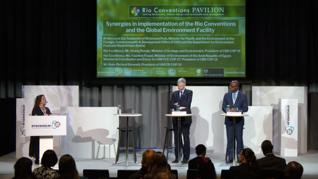 From L-R: Pamela Chasek, International Institute for Sustainable Development; Lord Zac Goldsmith  of Richmond Park, Minister of State for the Pacific and the International Environment, UK; and Alain-Richard Donwahi, President of UNCCD COP 15