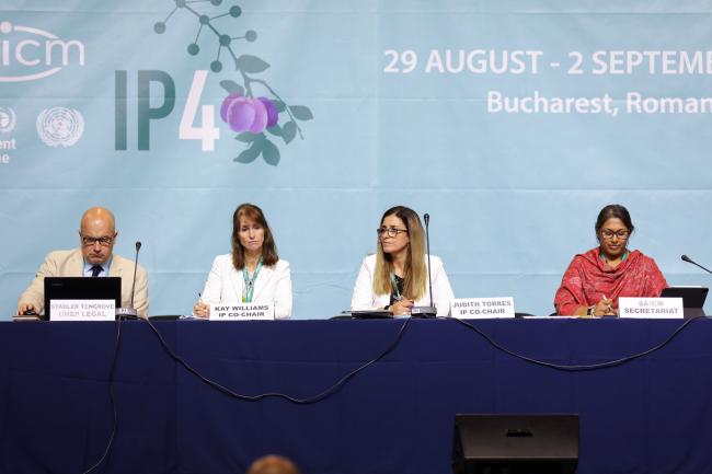 From L-R: Stadler Trengove, UNEP Legal Officer; Co-Chair Kay Williams, UK; Co-Chair Judith Torres, Uruguay; and Nalini Sharma, SAICM Secretariat