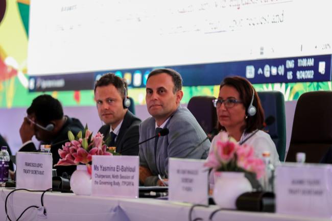   From L-R: Tobias Kiene, ITPGRFA Secretariat; Francisco López, ITPGRFA Secretariat; and Yasmina El Bahloul, Chairperson, ITPGRFA GB 9  20 September 2022