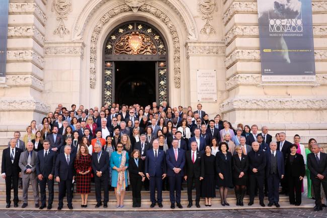 Group photo of participants of the 14th Monaco Blue Initiative at the entrance of the Oceanographic Museum of Monaco