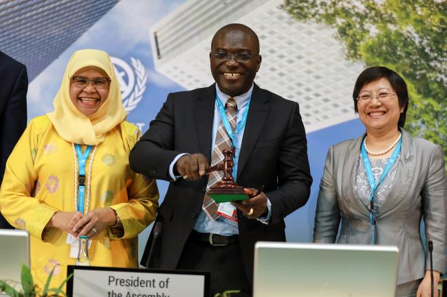 From L-R: UN-Habitat Executive Director Maimunah Mohd Sharif; Vice-President of the UN-Habitat Assembly Martin Adjei-Mensah Korsah, Ghana; and Meeting Rapporteur Zhao Wenhua, China