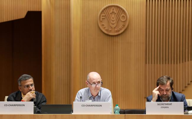 From L-R: Working Group Co-Chair Sunil Archak; Working Group Co-Chair Michael Ryan; and Álvaro Toledo, ITPGRFA Secretariat