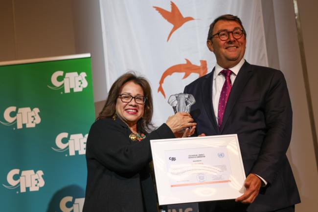 Ivonne Higuero, CITES Secretary-General, presents Jean-Philippe Lecouffe, EUROPOL, the Certificate of Commendation in recognition of “Operation Lake”, a series of operation activities that led to the seizure of  25 tonnes of glass eels