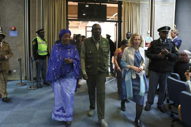 Zainab Hawa Bangura, UNON, William Ruto, President of Kenya, and Inger Andersen, UNEP walking into the plenary room