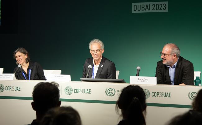 Franziska Tanneberger, Greifswald Mire Centre – GPA, Han de Groot, CEO, WetLands, and Bruno Pozzi, Deputy Director, Ecosystems Division, United Nations Environment Programme - WetLands International- - SideEvent - 8dec2023 - Photo