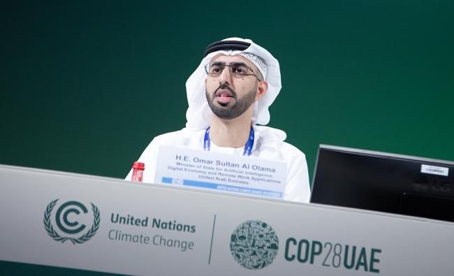 Omar Sultan Al Olama, Minister of State for Artificial Intelligence, Digital Economy and Remote Work Applications, UAE -UNFCCC - SideEvent - 9dec2023 - Photo