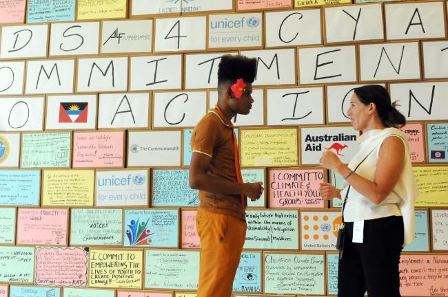 Vanessa Frazier, Malta, is interviewed by a youth representative