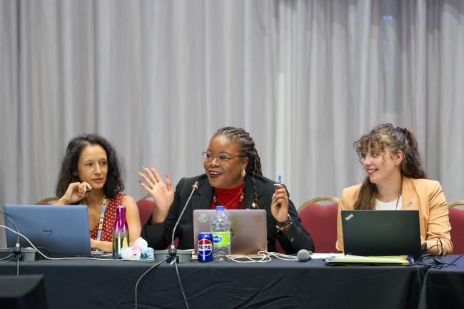 From L-R: Contact Group 2 Co-Facilitator Salima Kempenaer, Belgium; Nneka Nicholas, Antigua and Barbuda; and Kirsty Bryant, CBD Secretariat